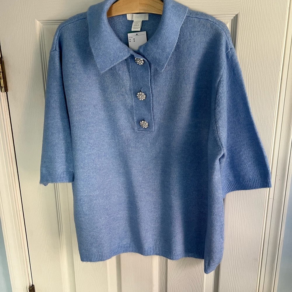 H&M NWT Oversized Polo Sweater with Rhinestone Buttons. Stunning Beautiful blue.